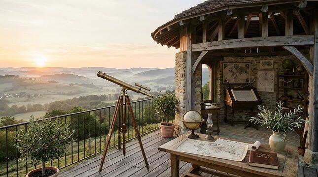 Vintage telescope on a wooden terrace overlooking a misty sunrise landscape