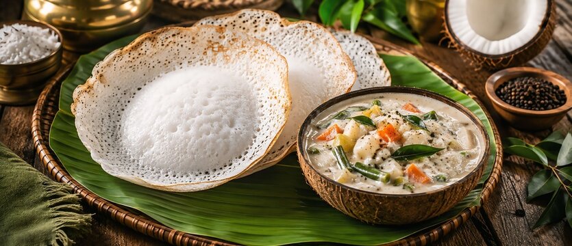 Traditional South Indian Appam with Creamy Vegetable Coconut Stew Served on Banana Leaf Rustic Breakfast