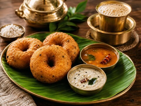 Traditional Medu Vada with Sambar Coconut Chutney and South Indian Filter Coffee on Banana Leaf
