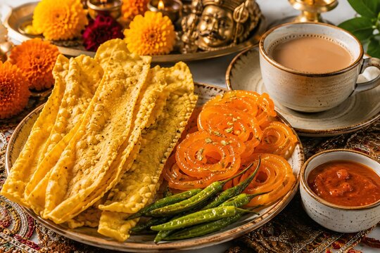 Traditional Indian Festive Breakfast with Jalebi, Fafda, Fried Green Chilies and Masala Chai