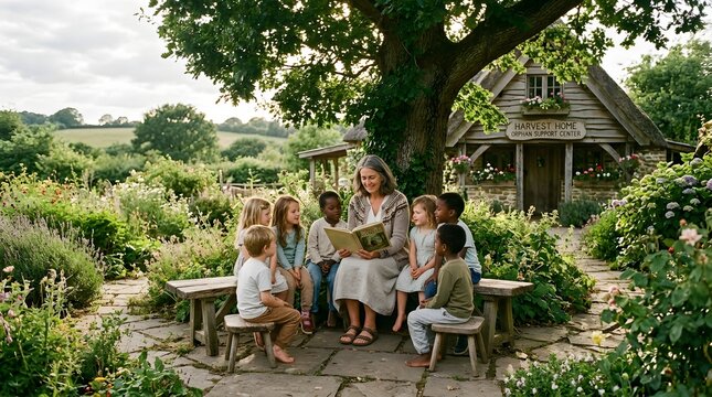 Elderly woman reads captivating stories to diverse children in a serene garden by a charming rustic cottage