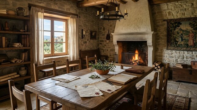 Cozy medieval castle great hall with wooden dining table and warm fireplace