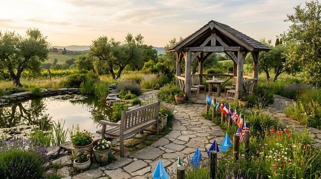 Scenic garden landscape with wooden gazebo pond and stone path at sunset