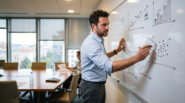 Man in blue shirt presenting business growth charts on whiteboard in modern office meeting room