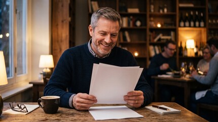 Fototapeta premium Smiling middle aged man reading documents at a table in a cozy restaurant with blurred background