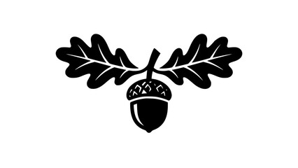 Simple black and white acorn icon with two oak leaves isolated on a white background © Kapilbiswas