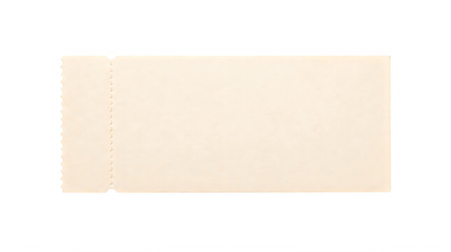 Vintage paper ticket mockup, blank cream raffle stub with perforated edge, retro cinema or event entry pass on transparent background