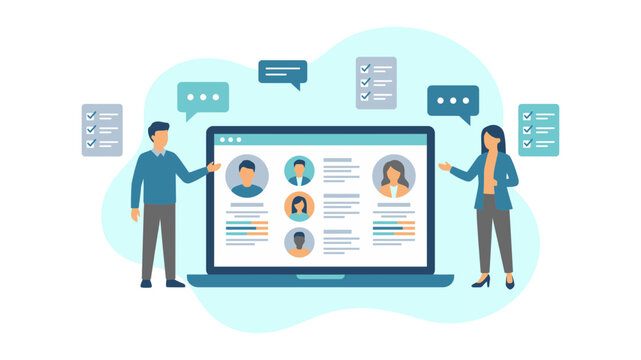 Illustration of online recruitment and candidate profiles displayed on a laptop screen.