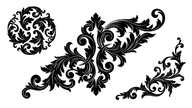 Set of black vintage baroque floral scroll ornaments isolated on a white background