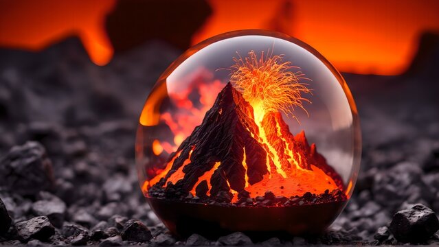 Surreal Miniature Volcano Erupting with Molten Lava Inside a Glass Sphere