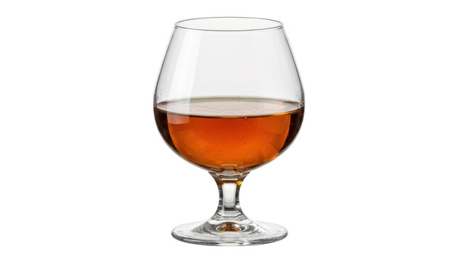 A clear brandy snifter glass filled with amber liquid, isolated on a white background, showcasing a warm and sophisticated mood.