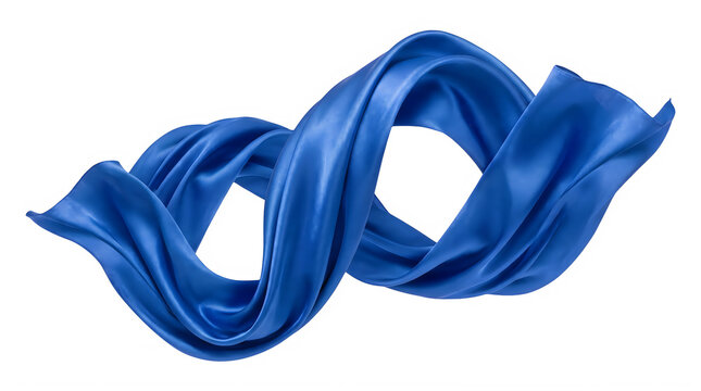 Blue silk fabric flying in spiral motion, elegant satin cloth wave on white background, flowing luxury textile material for fashion and beauty design