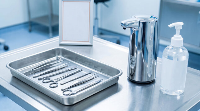 Sterile stainless steel medical tools with automatic soap dispenser and sanitizer bottle on tray