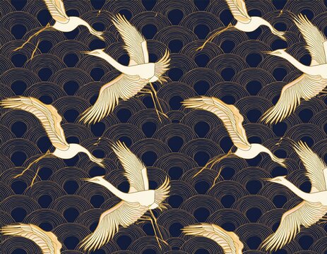 Seamless Japanese pattern of golden cranes and waves on dark background