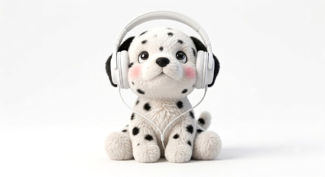 Perro dalmata de peluche con auriculares esuchando musica, 