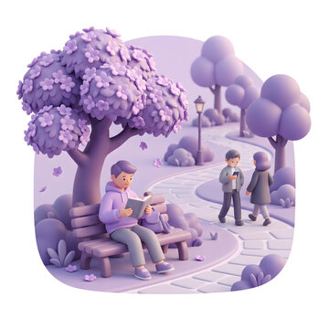 Stylized 3D scene of person reading book under blossom tree