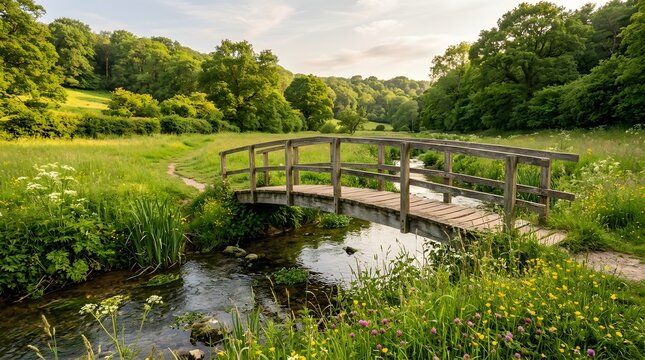 Small wooden bridge over stream in green summer forest landscape