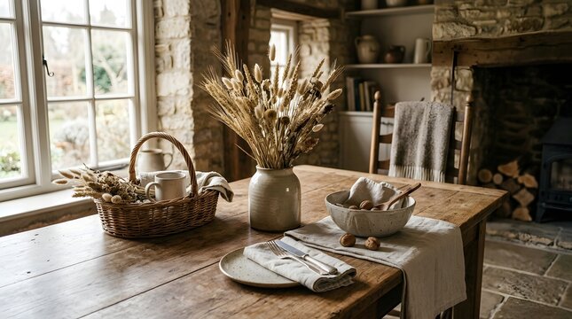 Rustic kitchen table with dried wheat and ceramic mugs on a lazy susan