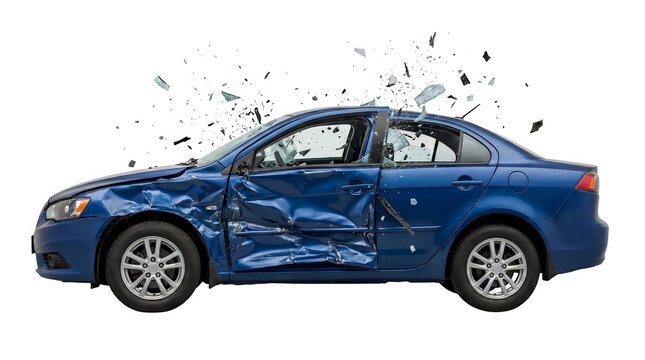 Damaged blue sedan car after side impact collision, wrecked vehicle with shattered glass and dented doors, auto accident insurance concept on white background