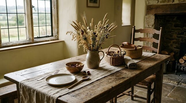 Rustic dining table setting with dried flowers in a cozy farmhouse interior, bathed in natural light and warm shadows