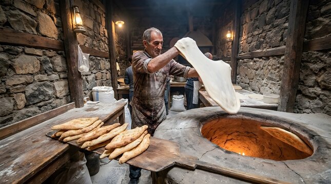 Georgian Baker Baking Shotis Puri Flatbread in Tone Clay Oven