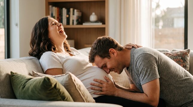 An affectionate husband holding and kissing his pregnant wife's baby bump on the living room sofa in a bright warm home environment.