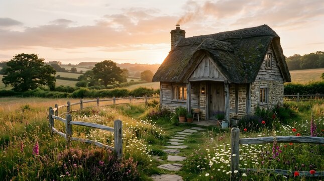 Idyllic thatched cottage in a rustic countryside landscape at sunset, with a tranquil path leading to it
