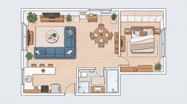 Floorplan illustration displays a modern apartment layout featuring a living room, kitchen, dining area, and bedroom with furniture arranged for optimal space utilization and comfort.