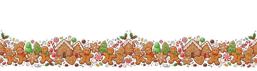 Naklejka premium Festive Christmas gingerbread border with candy canes. cookies. and festive decorations