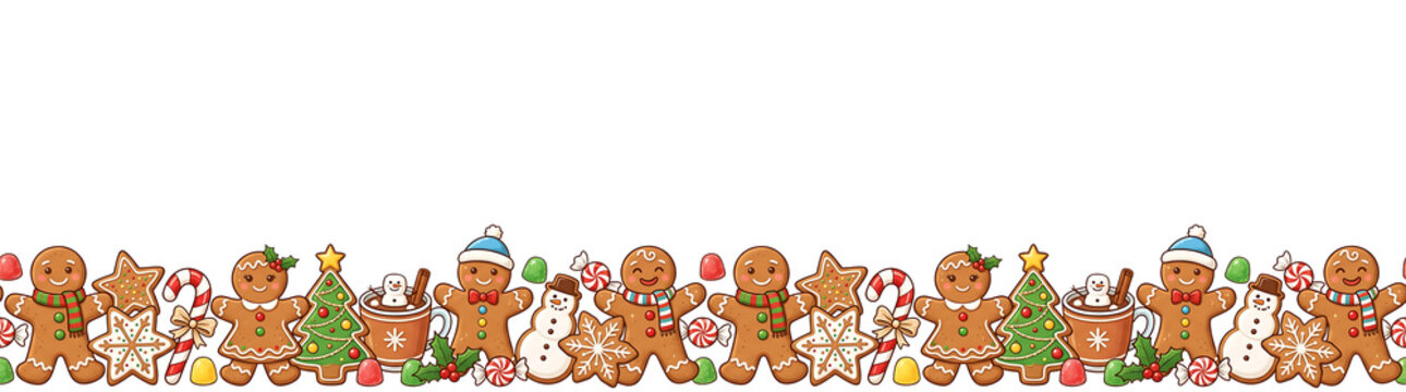 Festive Cartoon Christmas Border with Gingerbread Cookies. Snowmen. Candy Canes. and Hot Chocolate