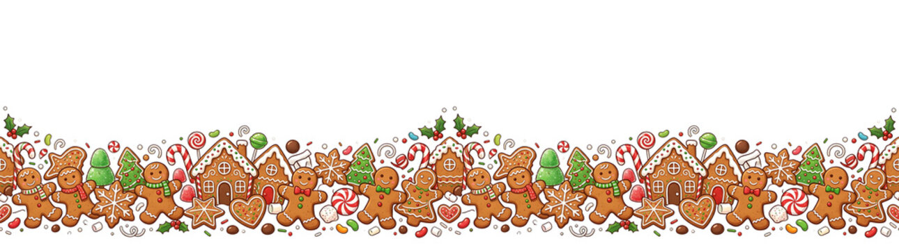 Festive Christmas gingerbread border with candy canes. cookies. and festive decorations
