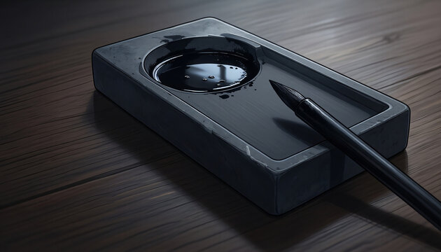 Anime Style Illustration of a Japanese Ink Stone with Ink Stick