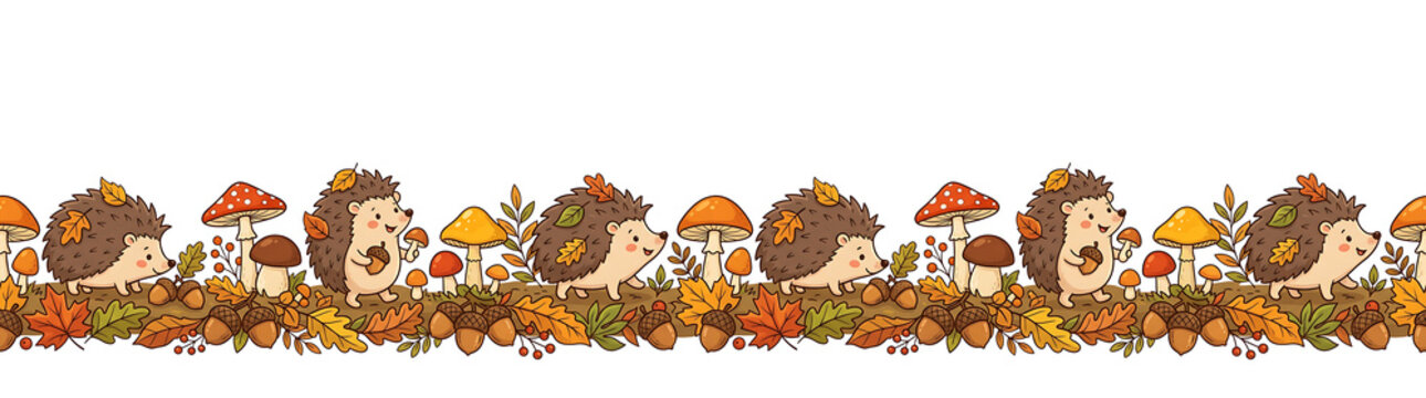 Charming cartoon hedgehogs in autumn forest border. featuring colorful leaves. acorns. and mushroo