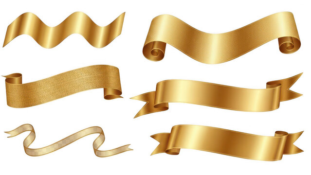 Set of elegant gold decorative ribbons and banners with gold colored