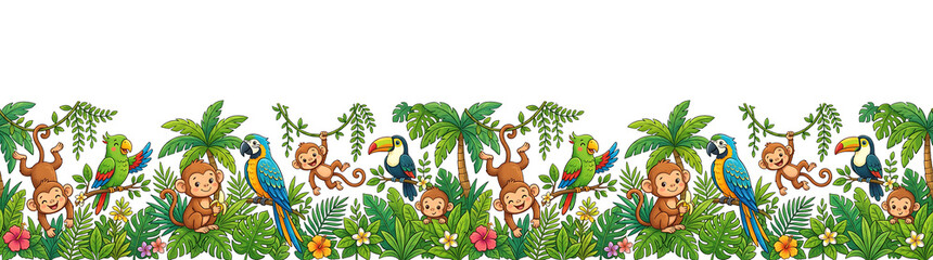 Naklejka premium Playful Monkeys. Parrots. and Toucan in a Lush Tropical Jungle Scene. Cartoon Border