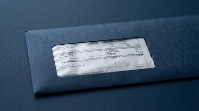 A single folded payslip document inside a dark blue envelope with a transparent window.