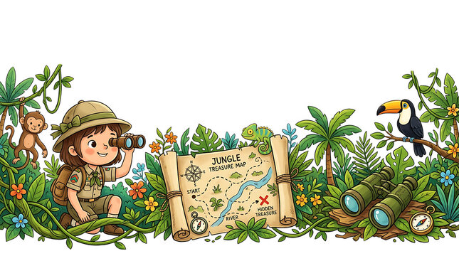 Curious explorer girl with binoculars finds jungle treasure map surrounded by lush foliage. toucan