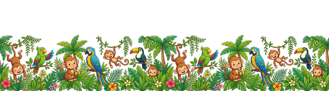 Playful Monkeys. Parrots. and Toucan in a Lush Tropical Jungle Scene. Cartoon Border