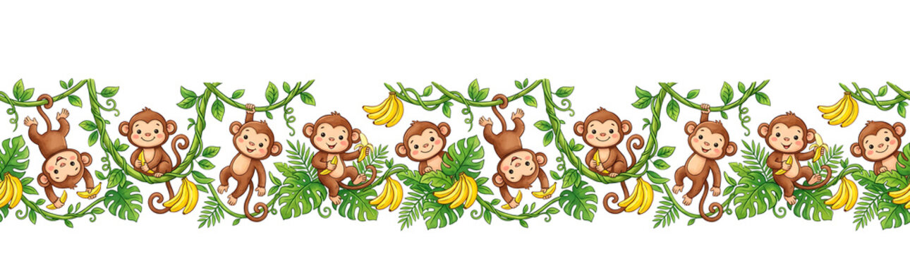 Cute cartoon monkeys swinging on vines. eating bananas. surrounded by tropical leaves. jungle bord