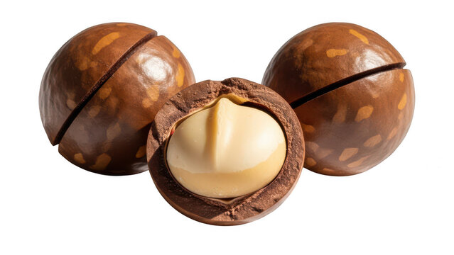 Whole and cracked macadamia nuts isolated on white background