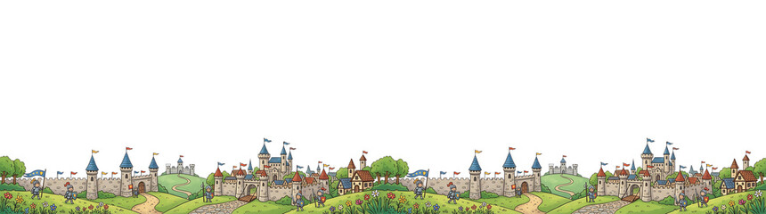 Fototapeta premium Charming Cartoon Medieval Landscape with Castles. Knights. and Flowery Hills. Border Illustration
