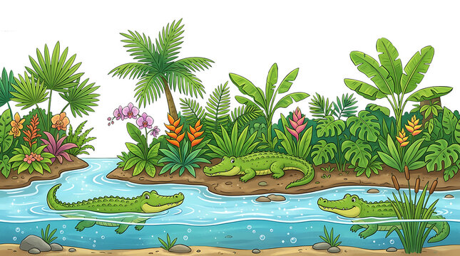 Cute cartoon crocodiles swimming and basking in a lush jungle river with tropical plants and color