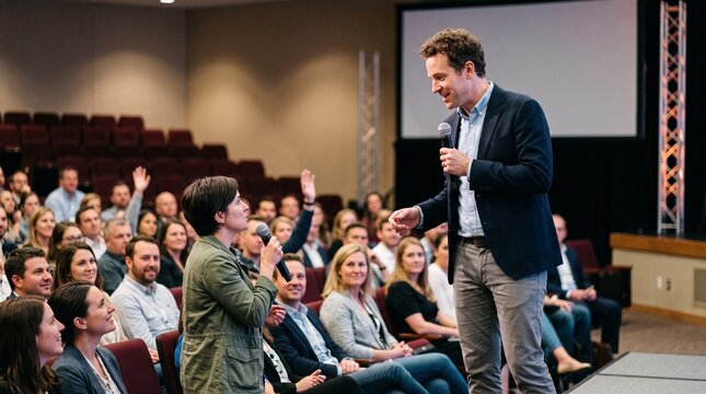 Speaker interacting with audience member asking question during presentation event