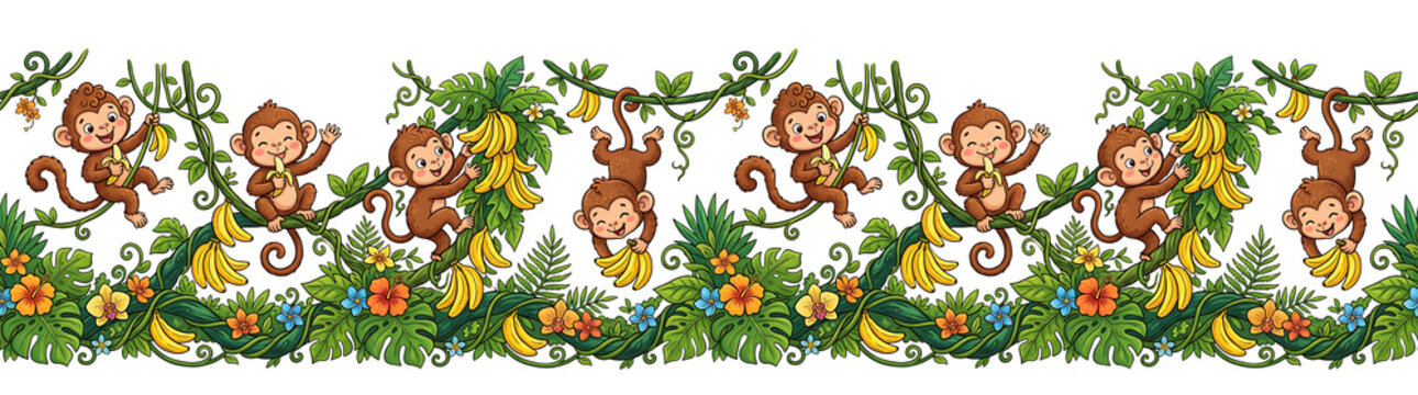 Charming cartoon monkeys swinging on vines. eating bananas. amidst tropical jungle foliage and vib