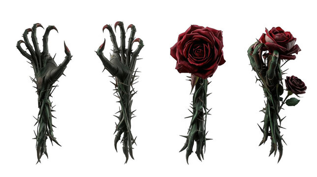 Set of Spooky Thorny Monster Hands with Red Roses