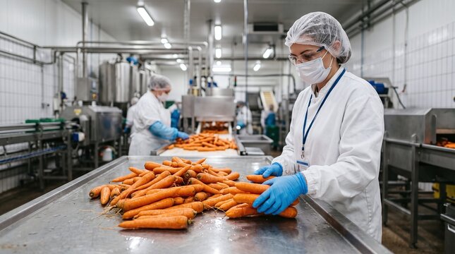 Food factory worker sorting fresh carrots on a production line conveyor belt