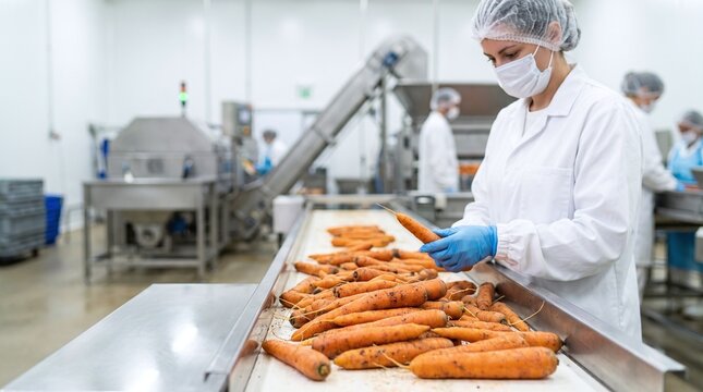 Quality control inspector examining carrots on a conveyor belt in a processing plant