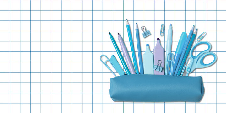 Back to school, Stationery supplies are organized creatively in a pencil case