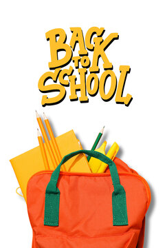 Back to school, Bright backpack overflowing with stationery prepares students for new school year