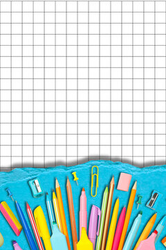 Back to school, Brightly colored school supplies spread across a blue surface